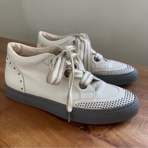Lorena Antoniazzi Cream Leather Sneakers Studs Stars Ribbon Silver 41 9.5 Italy